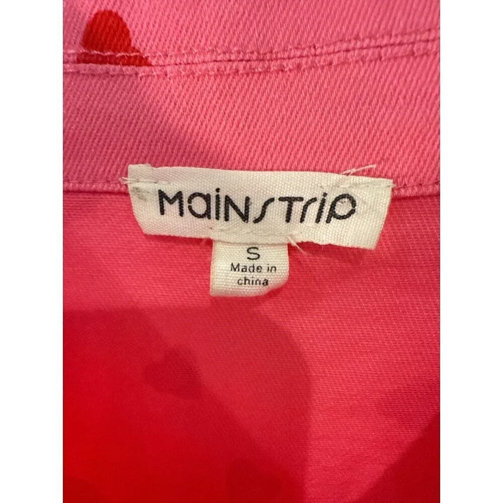 Mainstrip Romeo Heart Denim Distressed Romper Pink with Red Hearts Size S EUC